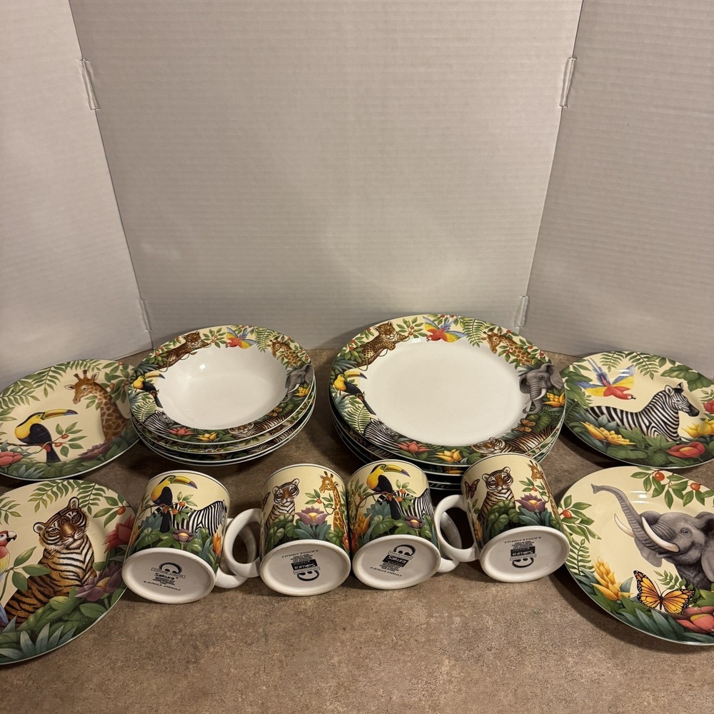 20 Pieces Sakura Jungle Animals Stoneware Plates, Bowls And Coffee Cups
